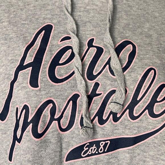 Aeropostale Blue/Pink Logo Graphic Cropped Grey Hoodie Pullover Sz M Y2K - Picture 9 of 10